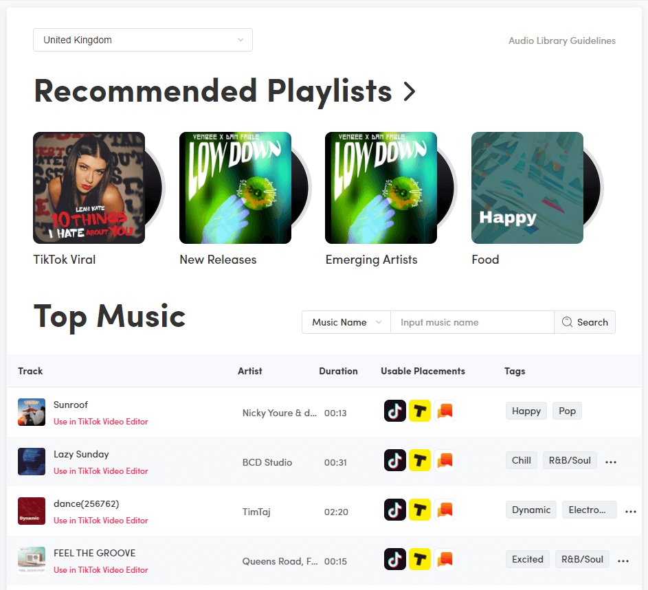 TikTok's Royalty-Free Music Library Recommended Playlists